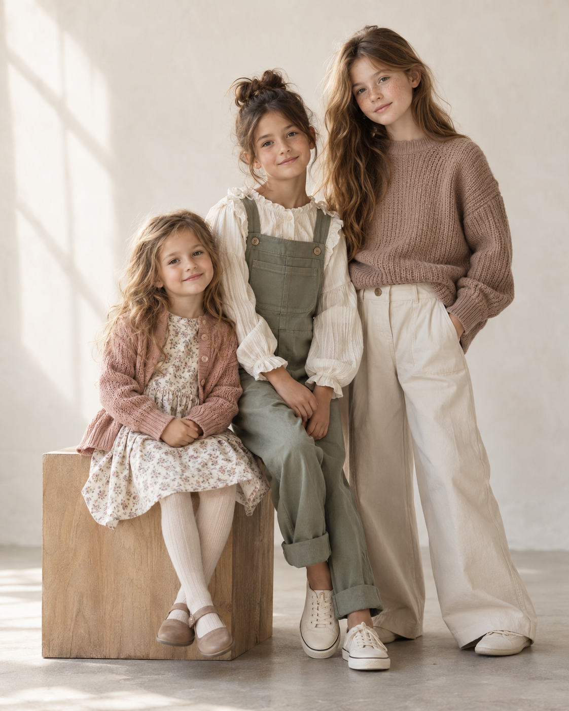 Tre bambine di età diverse in abiti dai toni naturali, insieme per Human Kids Model